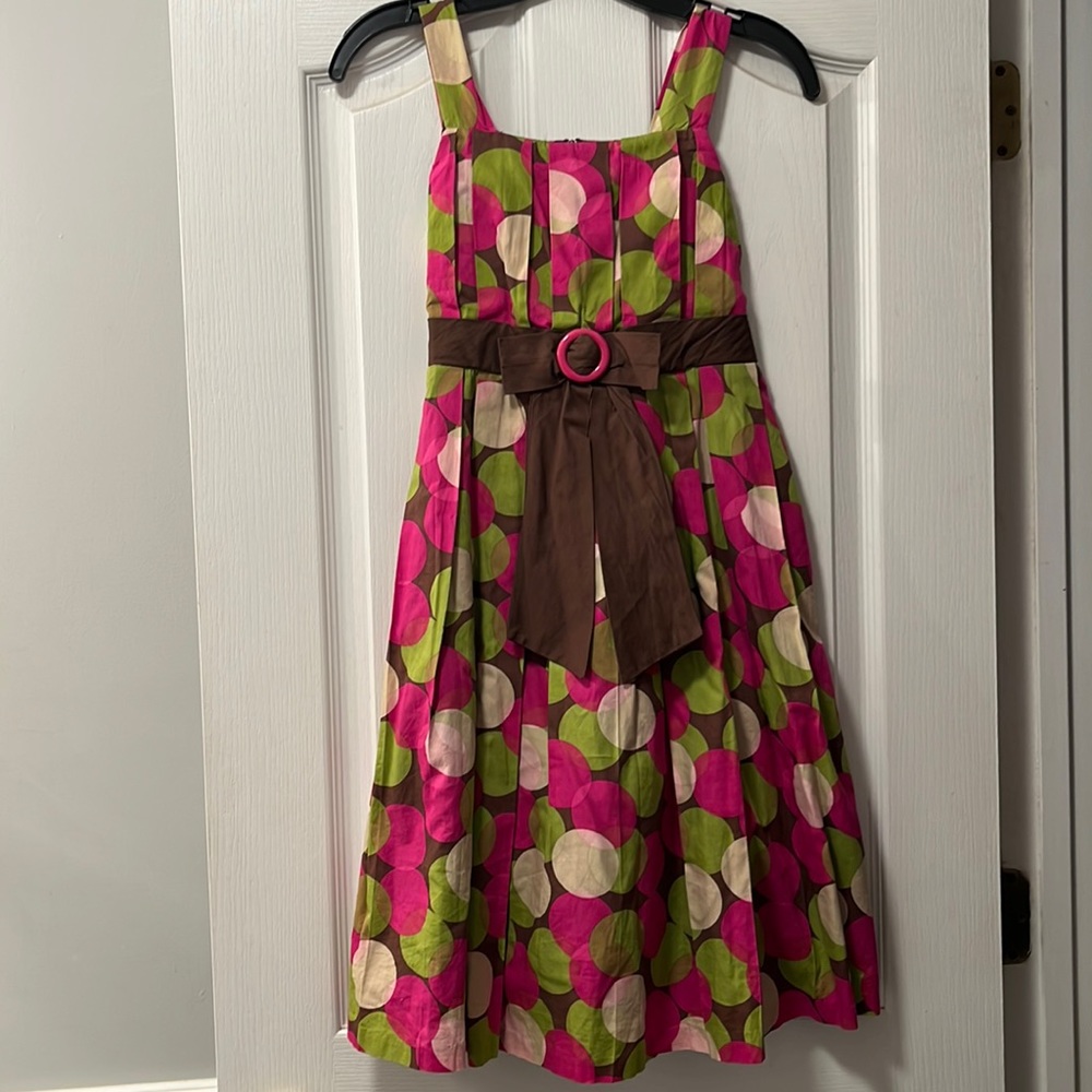 Bonnie Jean dress- brown with pink and green circles